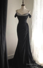 Elegant Black Mermaid Spaghetti Strap Satin Diamond Long Prom Dress Simple Evening Dress