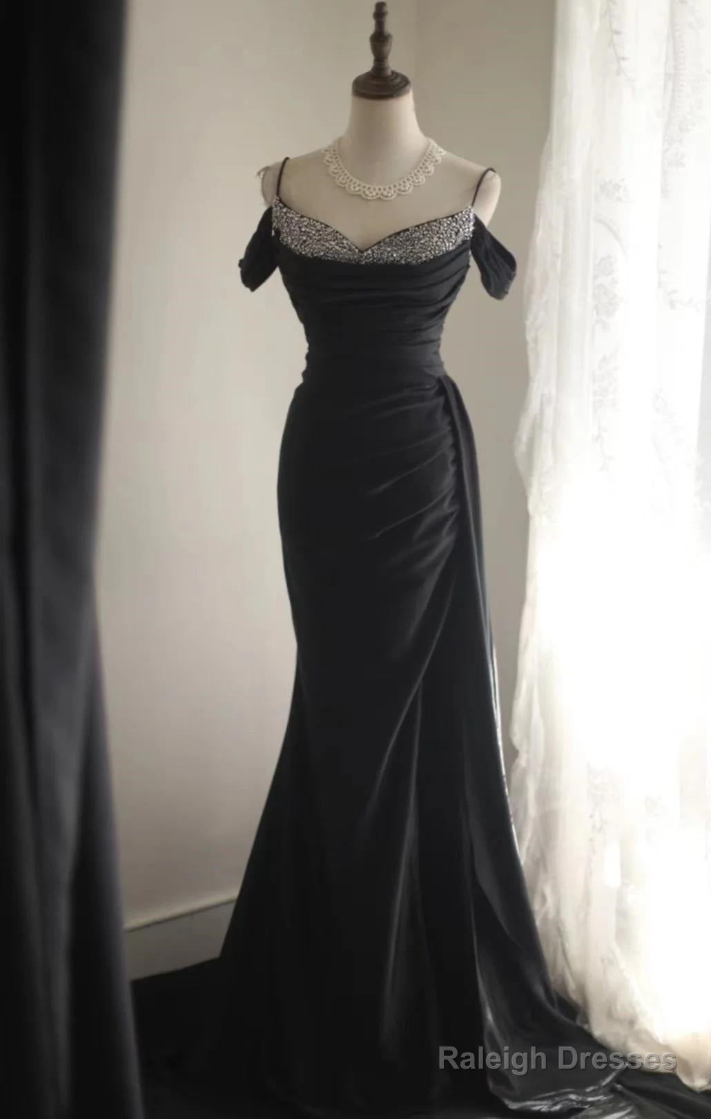 Elegant Black Mermaid Spaghetti Strap Satin Diamond Prom Dresses Long Simple Prom Dresses Main image