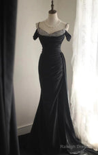 Elegant Black Mermaid Spaghetti Strap Satin Diamond Prom Dresses Long Simple Prom Dresses