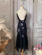 Elegant Black Mermaid Spaghetti Strap V-Neck Beaded Chiffon Long Formal Prom Dress