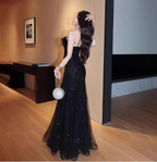 Elegant Black Mermaid Strapless Feather Sequined Tulle Formal Prom Dress