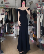 Elegant Black Mermaid V-Neck Bow Strap Satin Long Formal Prom Dress