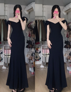 Elegant Black Mermaid V-Neck Bow Strap Satin Long Formal Prom Dress
