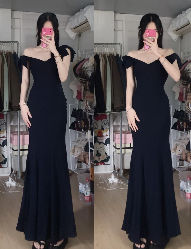 Elegant Black Mermaid V-Neck Bow Strap Satin Long Formal Prom Dress