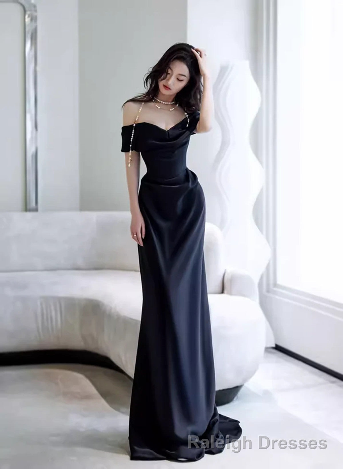 Elegant Black Off Shoulder Long Formal Gown, Black Satin Prom Dress Party Dress Main image