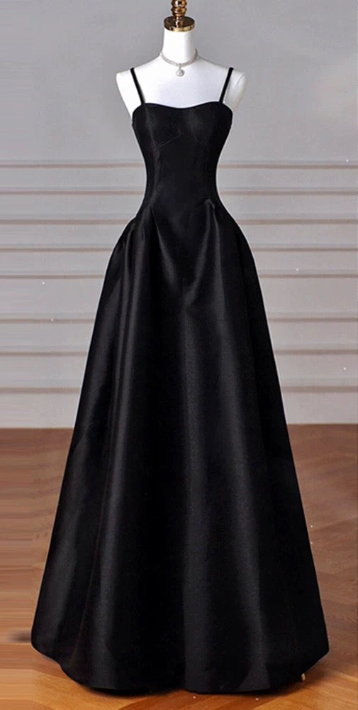 Elegant Black A-Line Satin Prom Dresses Long Long Prom Dresses