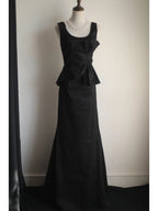 Elegant Black Pleated U-Neck Mermaid Satin Long Formal Prom Dress