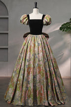 Elegant Black Puffy Short Sleeve Floor Length Prom Dresses A-Line Floral Pattern Prom Dresses