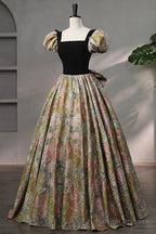 Elegant Black Puffy Short Sleeve Floor Length Prom Dresses A-Line Floral Pattern Prom Dresses