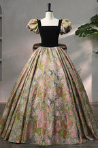 Elegant Black Puffy Short Sleeve Floor Length Prom Dress, A-Line Floral Pattern Evening Dress