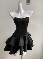 Elegant Black Satin Tube Top Irregular Birthday Tutu Homecoming Dress