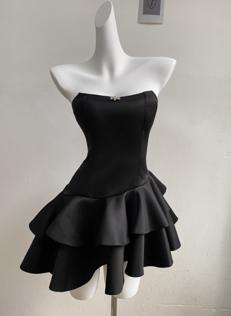 Elegant Black Satin Tube Top Irregular Birthday Tutu Homecoming Dress