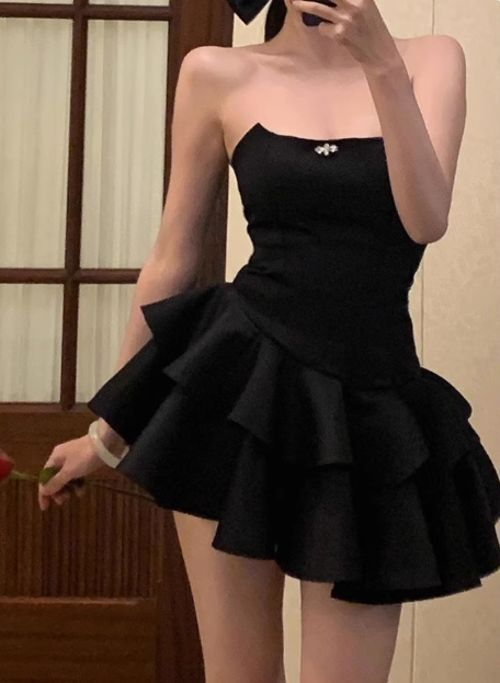 Elegant Black Satin Tube Top Irregular Birthday Tutu Homecoming Dress