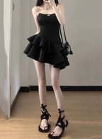 Elegant Black Satin Tube Top Irregular Birthday Tutu Homecoming Dress