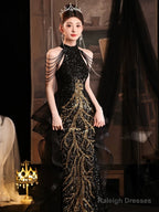 Elegant Black Sequins Halter Evening Dress With Lace Applique, Black Long Prom Dress