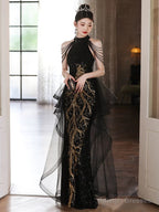 Elegant Black Sequins Halter Evening Dress With Lace Applique, Black Long Prom Dress