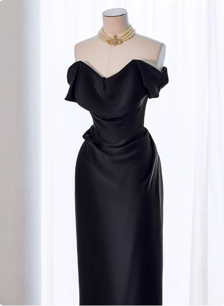 Elegant Black Slim-Fit Off-The-Shoulder Satin Long Formal Prom Dress