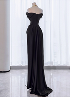 Elegant Black Slim-Fit Off-The-Shoulder Satin Long Formal Prom Dress