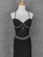 Elegant Black Spaghetti Strap Sequin Beaded Split Chiffon Long Formal Prom Dress