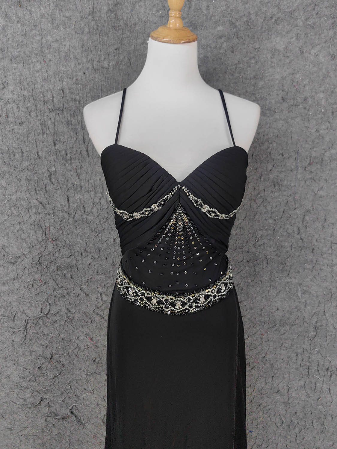 Elegant Black Spaghetti Strap Sequin Beaded Split Chiffon Long Formal Prom Dress