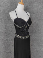 Elegant Black Spaghetti Strap Sequin Beaded Split Chiffon Long Formal Prom Dress