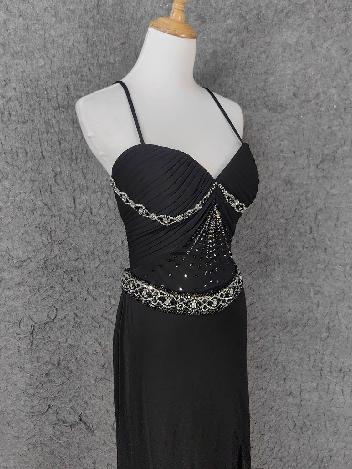 Elegant Black Spaghetti Strap Sequin Beaded Split Chiffon Long Formal Prom Dress