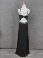 Elegant Black Spaghetti Strap Sequin Beaded Split Chiffon Long Formal Prom Dress