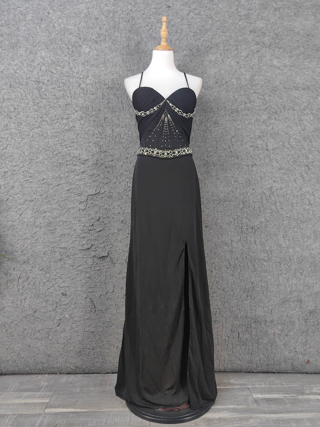 Elegant Black Spaghetti Strap Sequin Beaded Split Chiffon Long Formal Prom Dress Main image