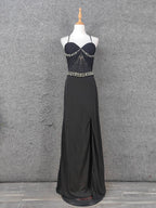Elegant Black Spaghetti Strap Sequin Beaded Split Chiffon Long Formal Prom Dress