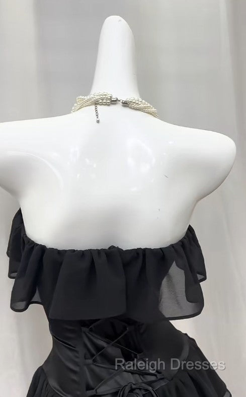 Elegant Black Strapless A-Line Layered Chiffon Long Prom Dress Graduation Prom Dress