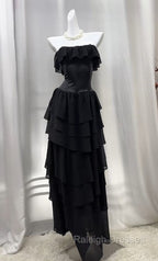 Elegant Black Strapless A-Line Layered Chiffon Long Prom Dress Graduation Prom Dress