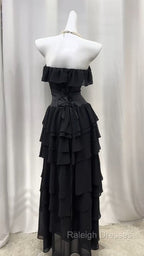 Elegant Black Strapless A-Line Layered Chiffon Long Prom Dress Graduation Prom Dress