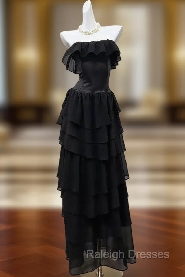 Elegant Black Strapless A-Line Layered Chiffon Long Prom Dress Graduation Prom Dress Main image