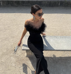 Elegant Black Strapless Feather Satin Bodycon Long Formal Prom Dress