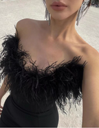Elegant Black Strapless Feather Satin Bodycon Long Formal Prom Dress