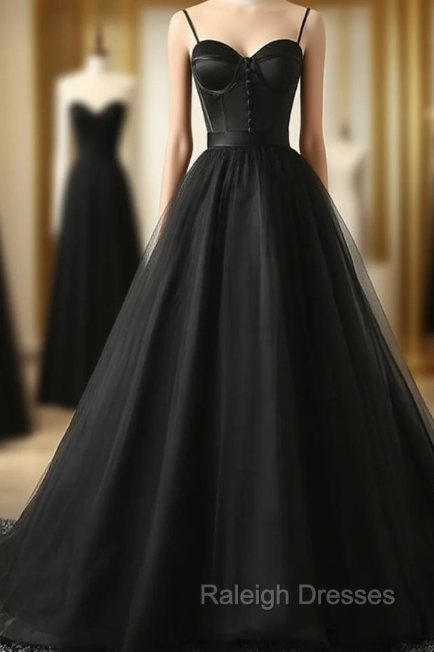 Elegant Black Straps Tulle Sweetheart Prom Dress, Black Party Dress Main image