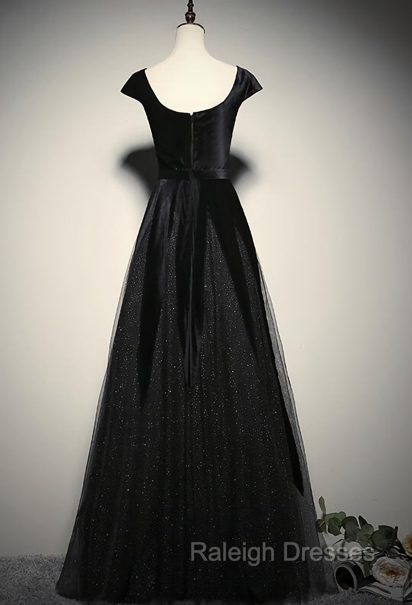 Elegant Black Velvet Cap Sleeves Prom Dress, Black Prom Dress