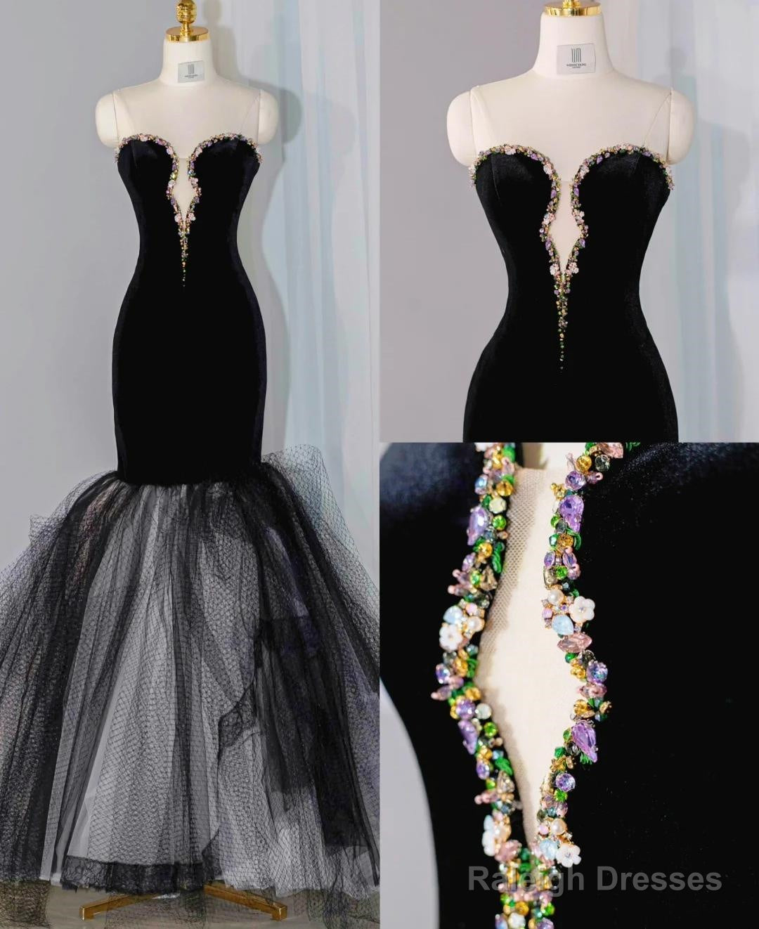 Elegant Black Velvet Mermaid Strapless Beaded Prom Dresses Long Tulle Prom Dresses Main image