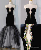 Elegant Black Velvet Mermaid Strapless Beaded Prom Dresses Long Tulle Prom Dresses