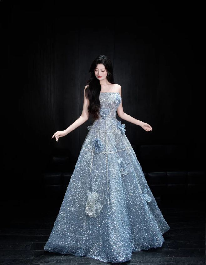 Elegant Blue A-Line Strapless 3D Floral Sequined Tulle Long Formal Prom Dress Secondary image