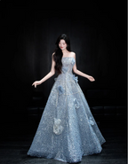 Elegant Blue A-Line Strapless 3D Floral Sequined Tulle Long Formal Prom Dress