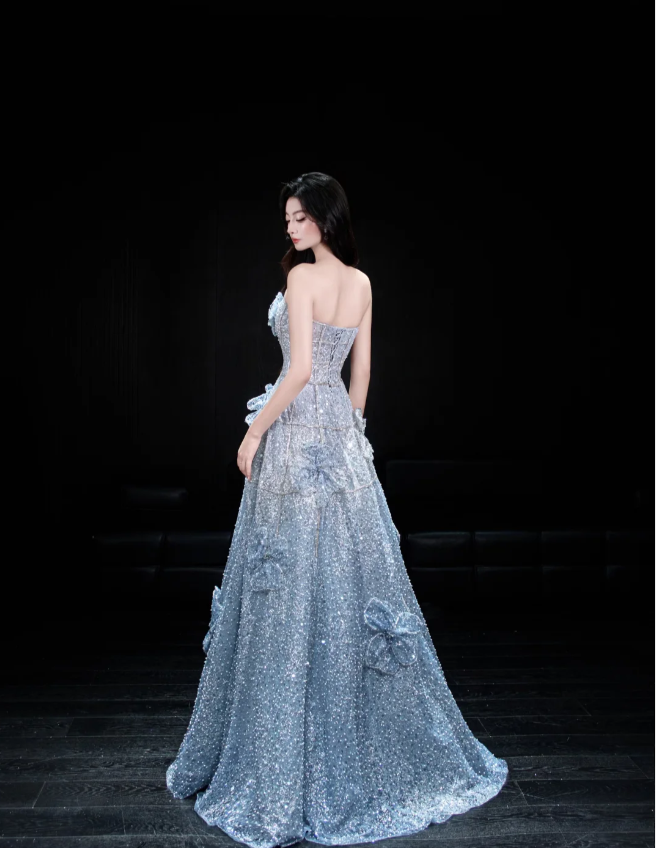 Elegant Blue A-Line Strapless 3D Floral Sequined Tulle Long Formal Prom Dress