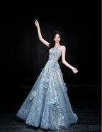Elegant Blue A-Line Strapless 3D Floral Sequined Tulle Long Formal Prom Dress
