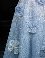 Elegant Blue A-Line Strapless 3D Floral Sequined Tulle Long Formal Prom Dress