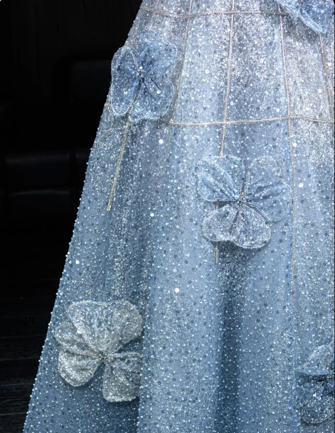 Elegant Blue A-Line Strapless 3D Floral Sequined Tulle Long Formal Prom Dress
