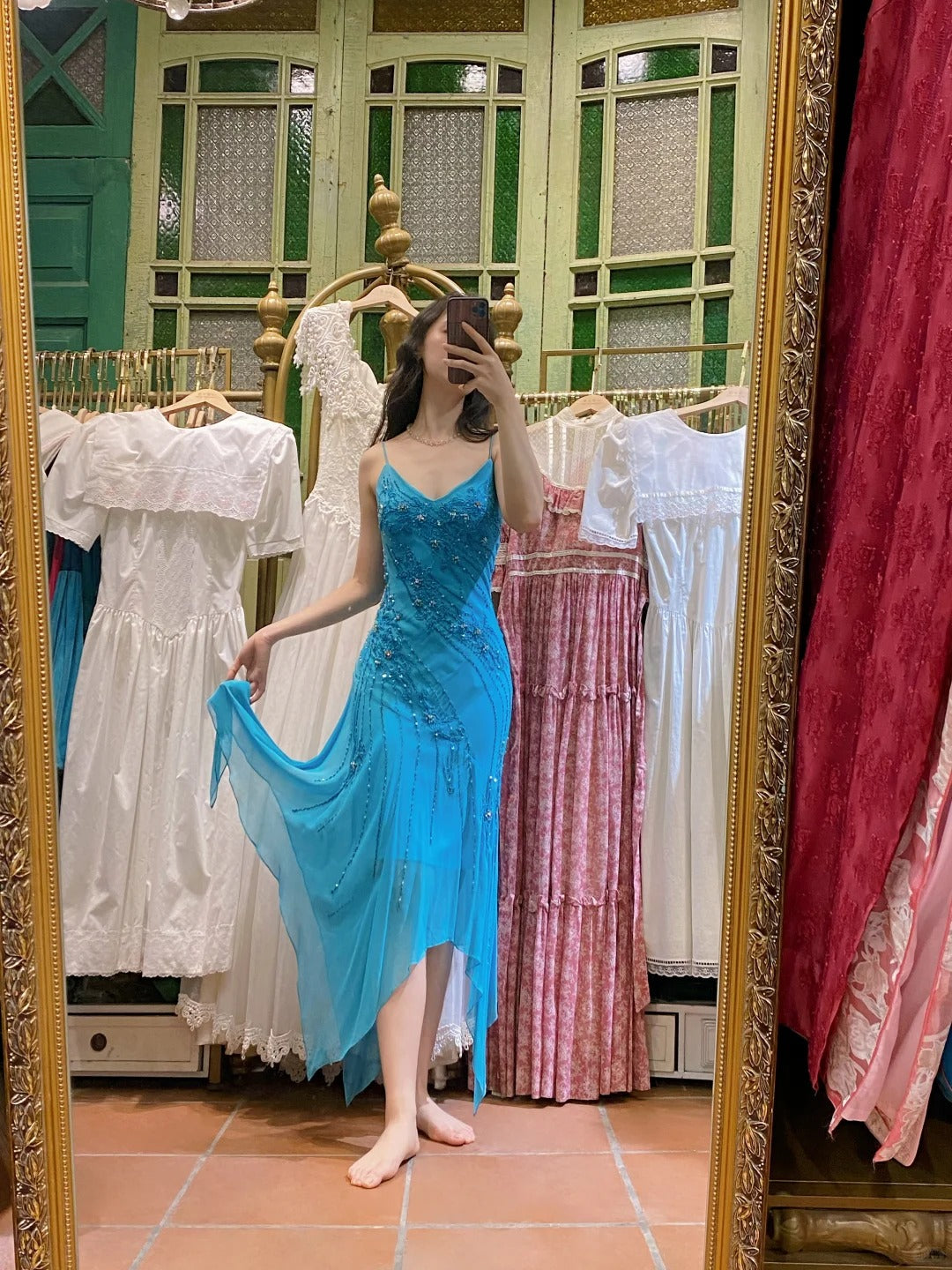 Elegant Blue Irregular Deep V Halter Beaded Chiffon Formal Prom Dress