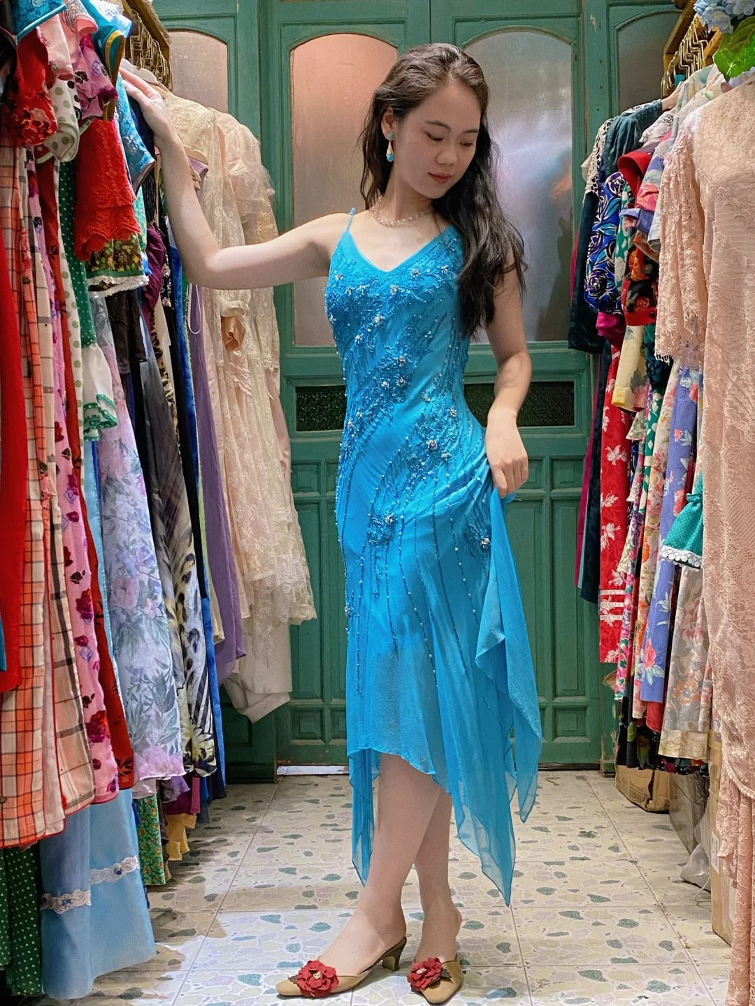 Elegant Blue Irregular Deep V Halter Beaded Chiffon Formal Prom Dress