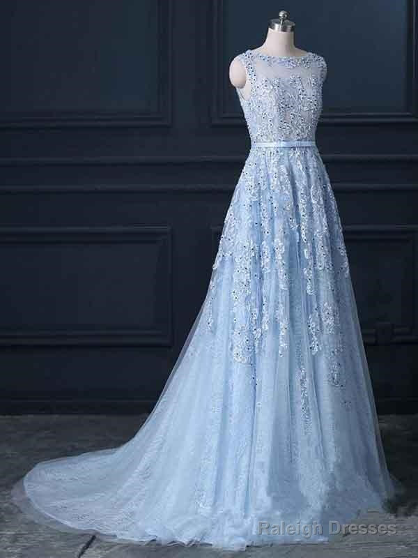 Elegant Blue Lace Beaded Illusion A-Line Prom Dress,