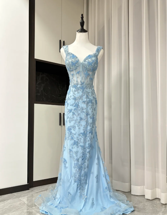 Elegant Blue Mermaid Butterfly Embroidered Long Formal Prom Dress Secondary image