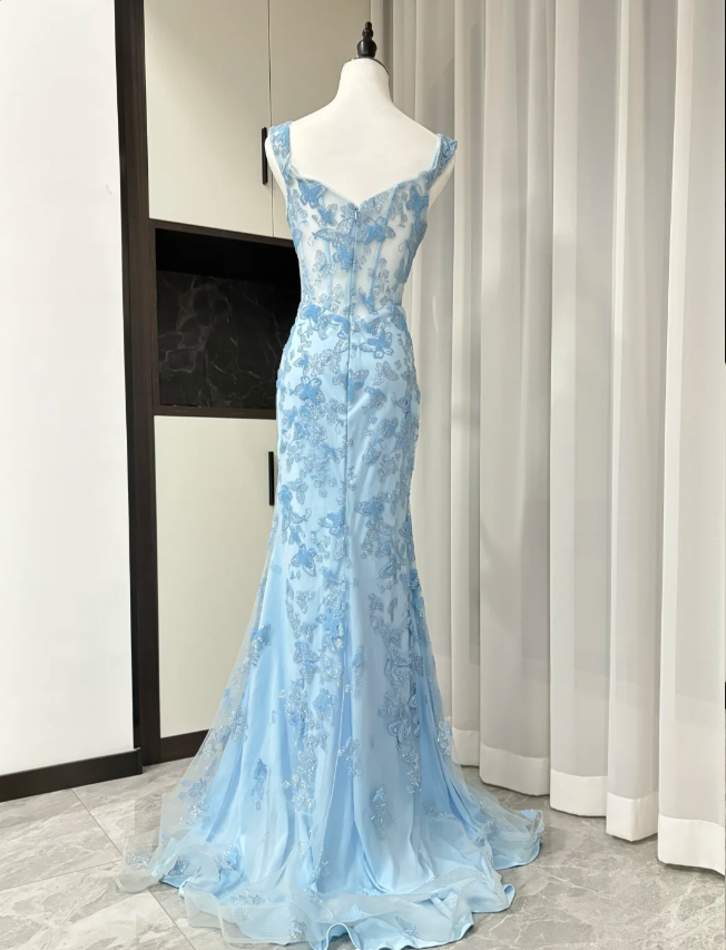 Elegant Blue Mermaid Butterfly Embroidered Long Formal Prom Dress